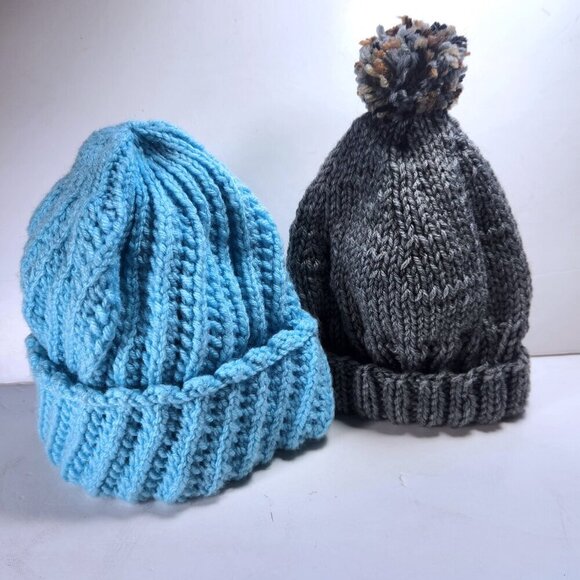 Hand Knitted Youth Hats Lot of 2 Unisex one with Pom Pom Grey and Blue - Picture 1 of 5